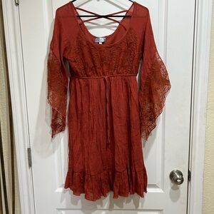 J. Gee Empire Smocked Maxi Dress Lace Flowy Cottage Boho Western Burnt Orange S